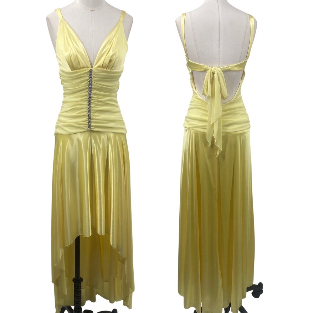 Vintage Y2k City Triangles High Low Gown Crystal Fairy Ruched Maxi Dress Yellow
